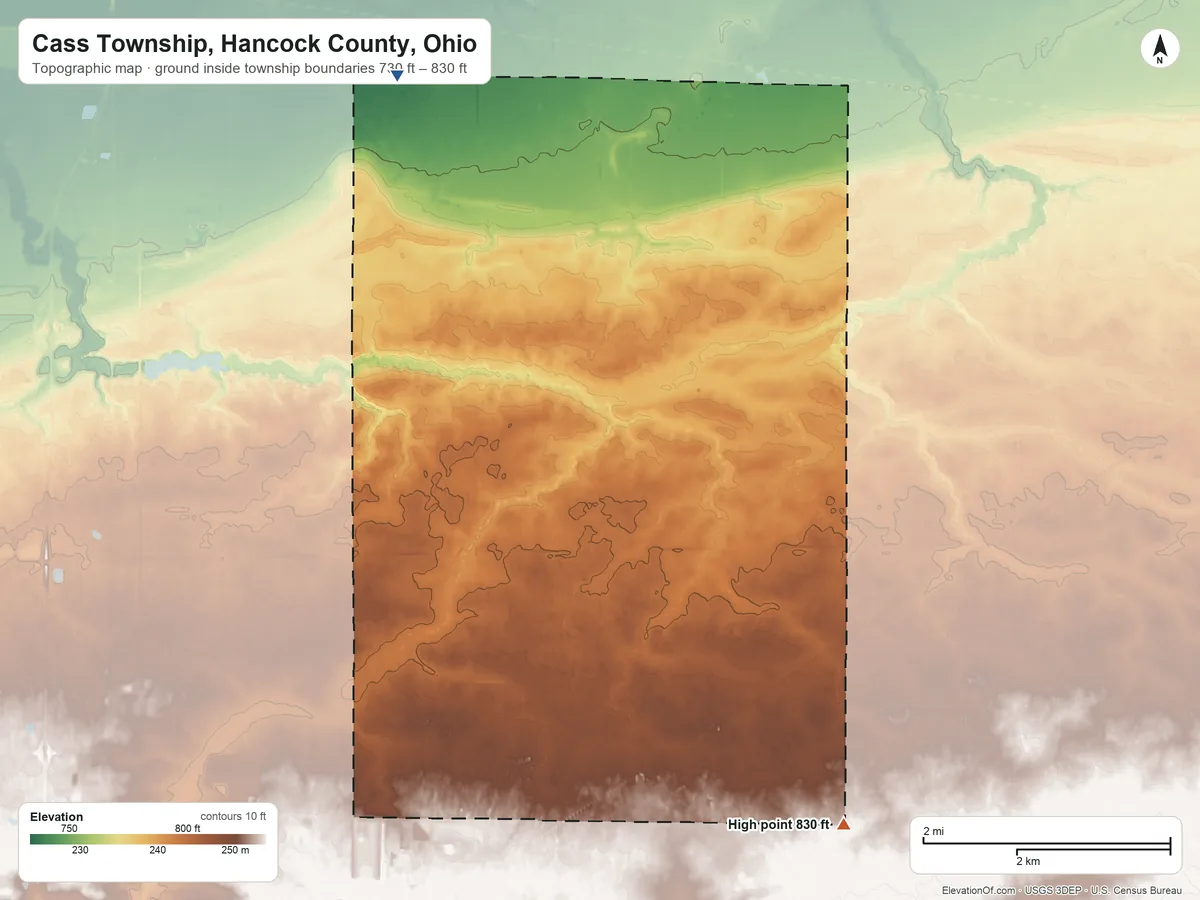 Topographic elevation map of Cass Township, Hancock County, Ohio, shaded from 730 ft on the north side to 830 ft on the southeast side
