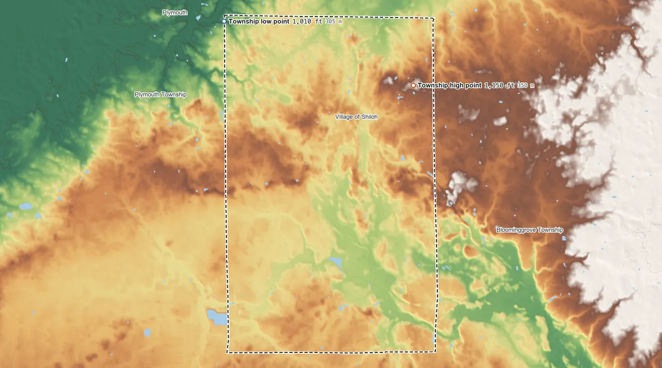 Topographic elevation map of Cass Township, Richland County, Ohio, shaded from 1,010 ft on the northwest side to 1,150 ft on the northeast side