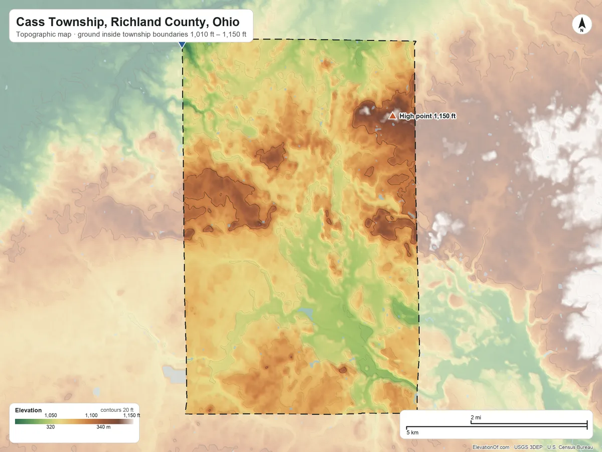 Topographic elevation map of Cass Township, Richland County, Ohio, shaded from 1,010 ft on the northwest side to 1,150 ft on the northeast side