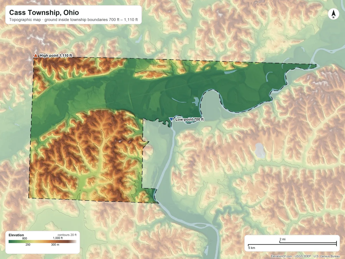 Topographic elevation map of Cass Township, Ohio, shaded from 700 ft on the east side to 1,110 ft on the northwest side