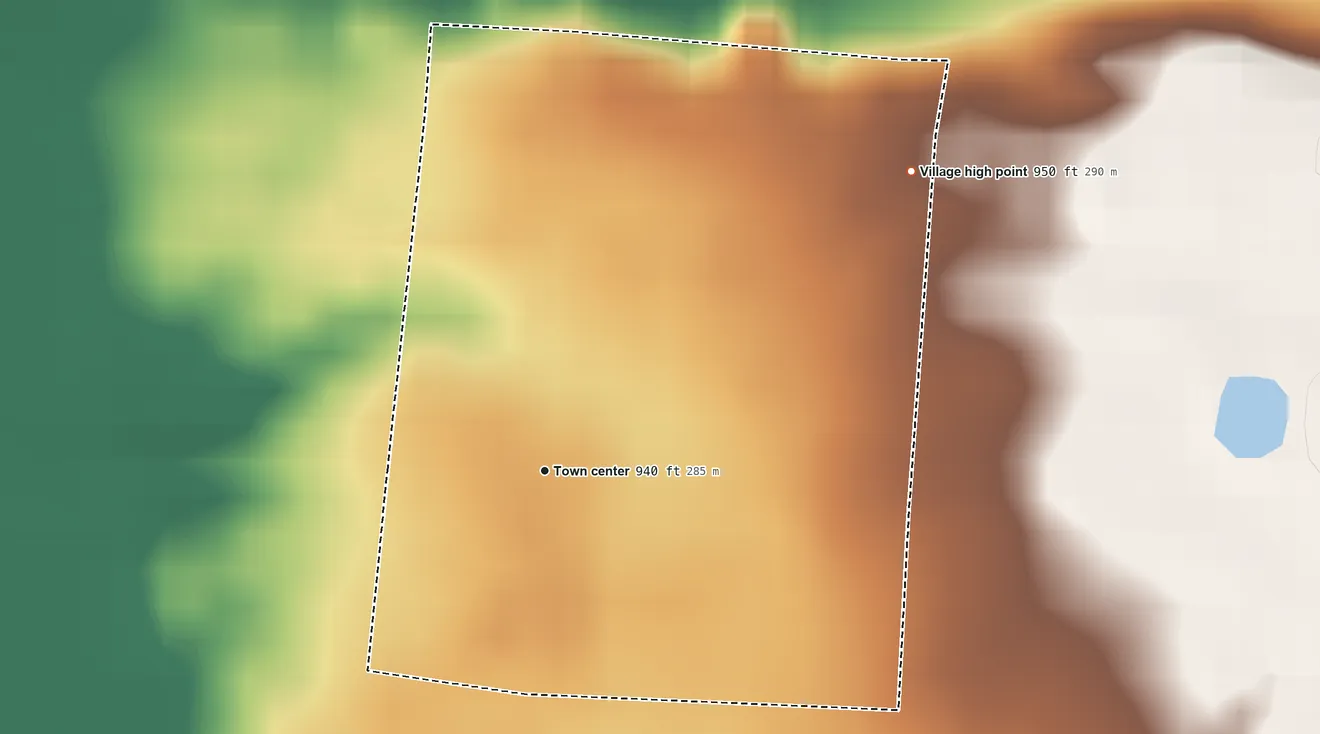 Topographic elevation map of Casstown, Ohio, shaded from 920 ft on the north side to 950 ft on the northeast side