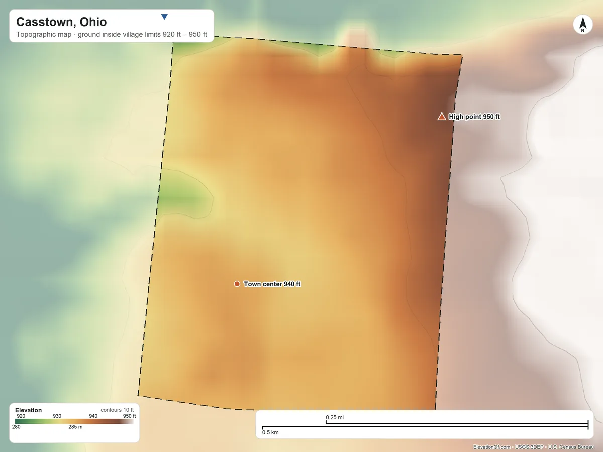 Topographic elevation map of Casstown, Ohio, shaded from 920 ft on the north side to 950 ft on the northeast side