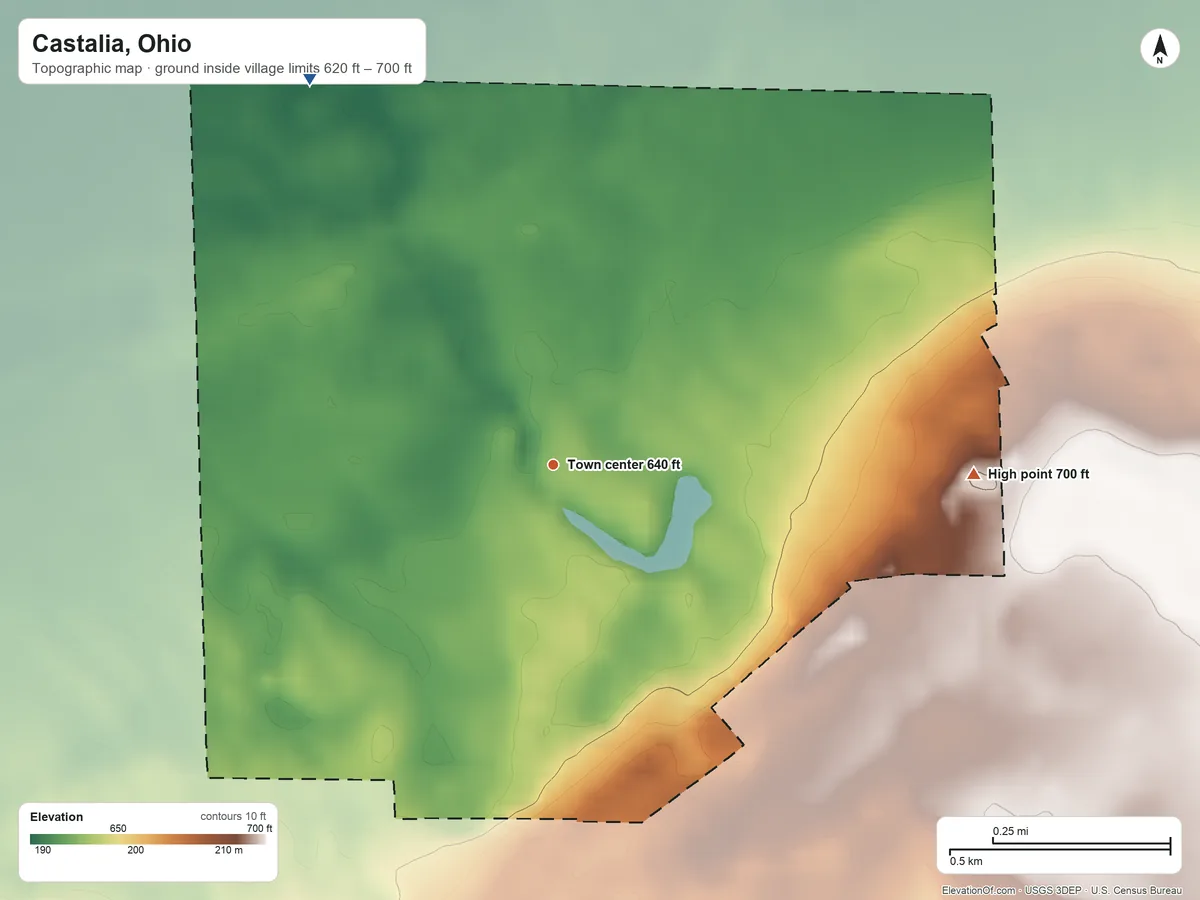 Topographic elevation map of Castalia, Ohio, shaded from 620 ft on the northwest side to 700 ft on the east side