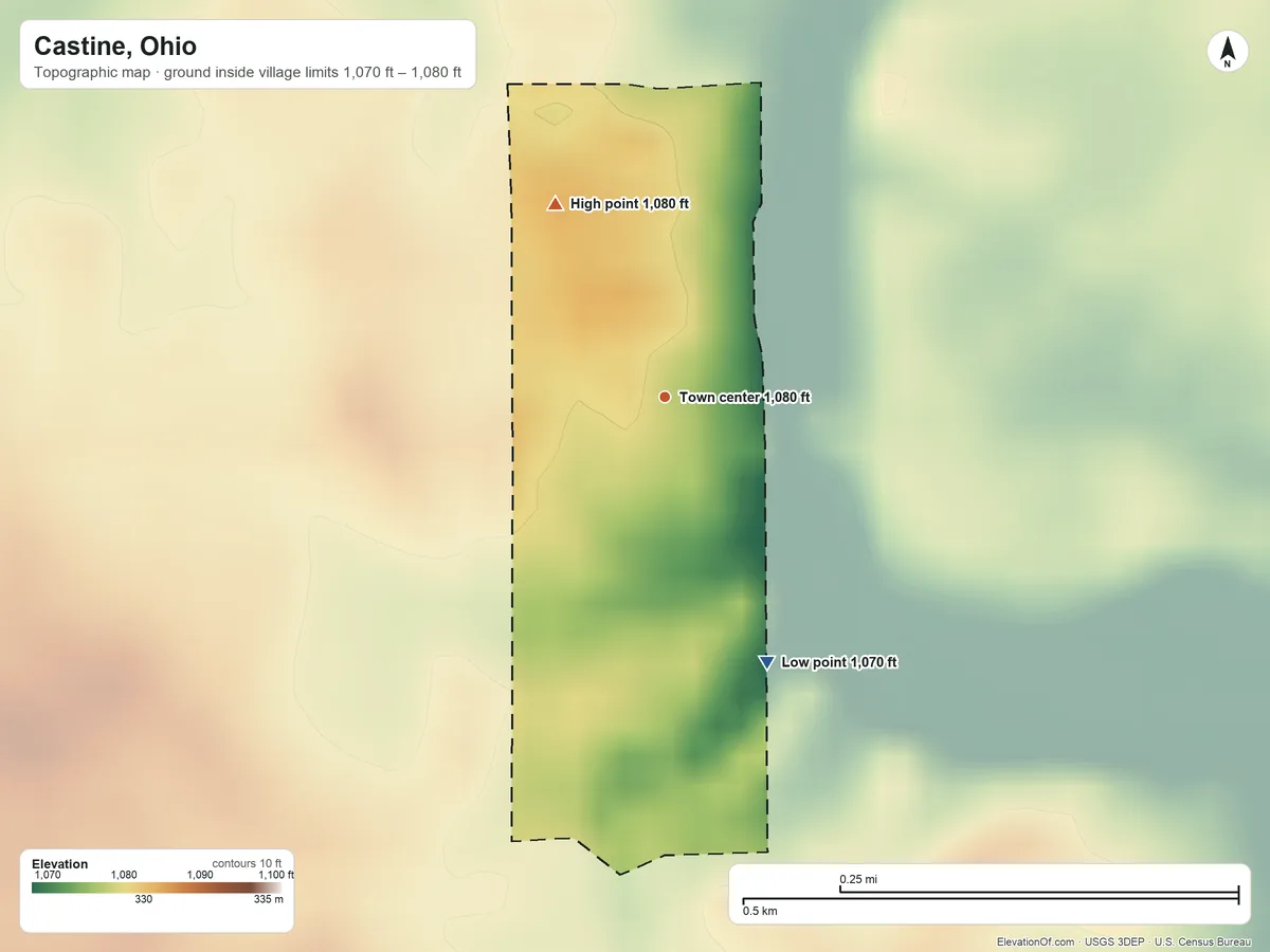 Topographic elevation map of Castine, Ohio, shaded from 1,070 ft on the south side to 1,080 ft on the northwest side