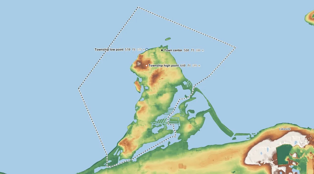 Topographic elevation map of Catawba Island Township, Ohio, shaded from 570 ft near the middle to 640 ft near the middle