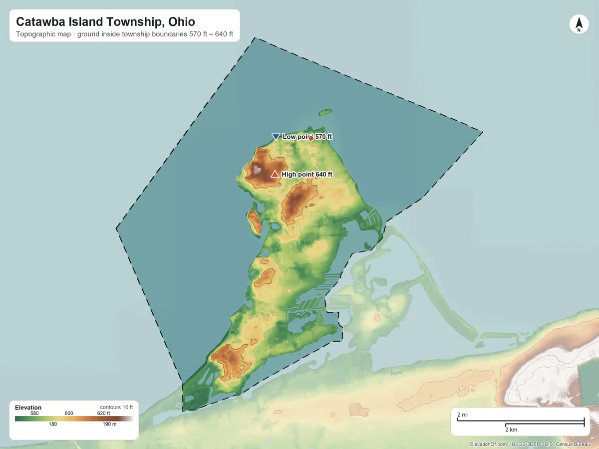 Topographic elevation map of Catawba Island Township, Ohio, shaded from 570 ft near the middle to 640 ft near the middle