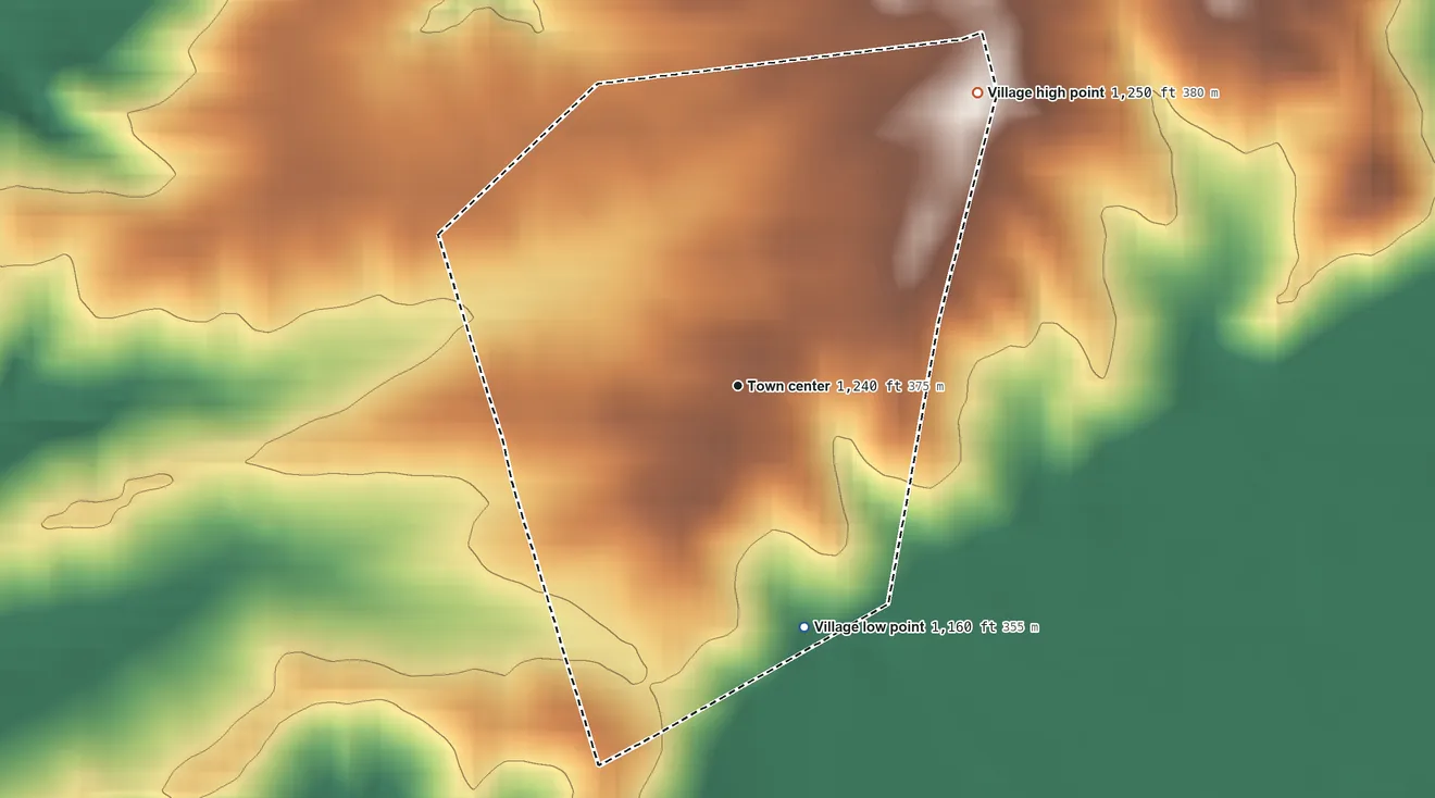 Topographic elevation map of Catawba, Ohio, shaded from 1,160 ft on the south side to 1,250 ft on the northeast side