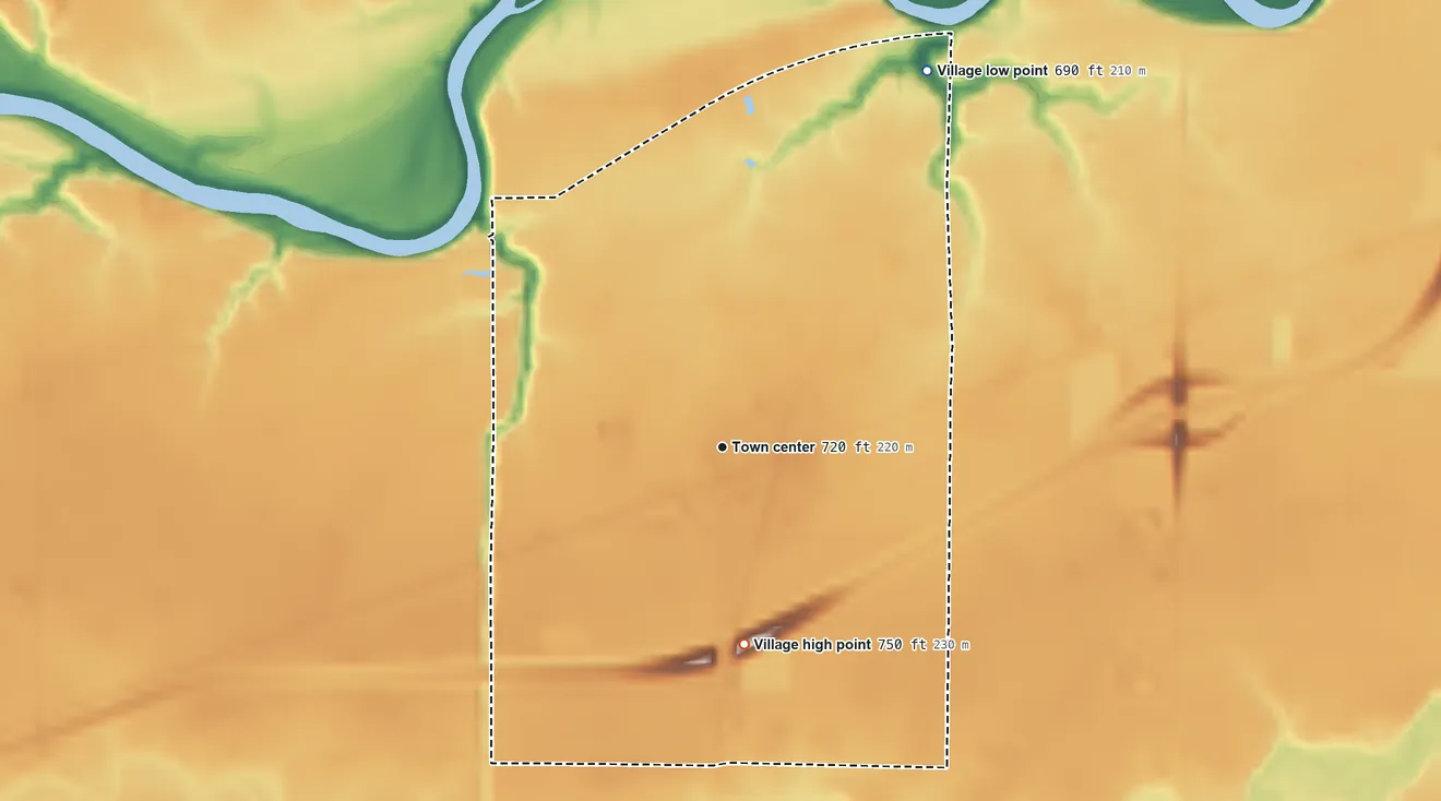 Topographic elevation map of Cecil, Ohio, shaded from 690 ft on the northeast side to 750 ft on the south side
