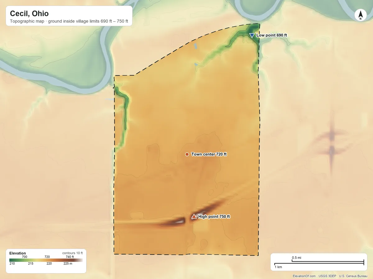 Topographic elevation map of Cecil, Ohio, shaded from 690 ft on the northeast side to 750 ft on the south side