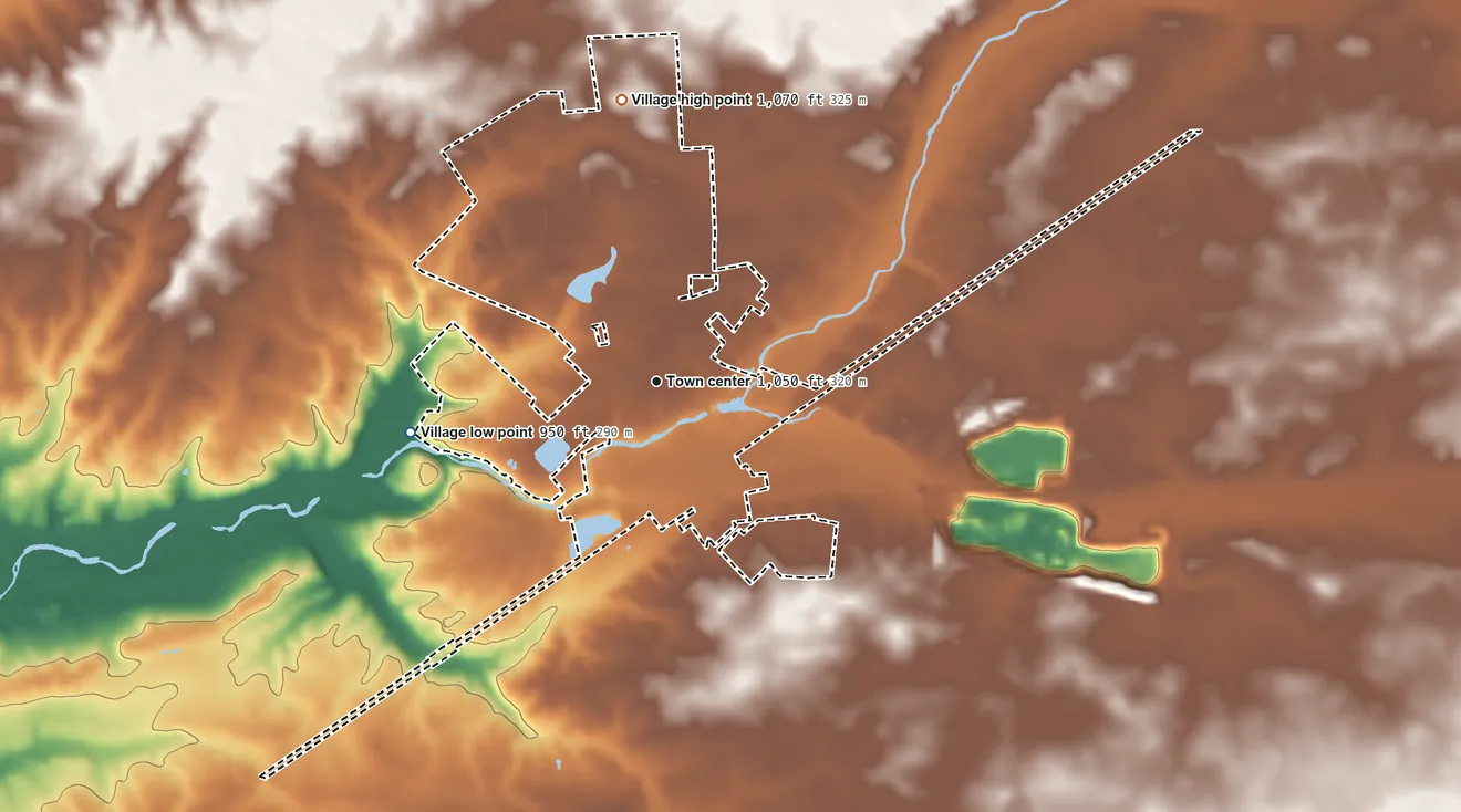 Topographic elevation map of Cedarville, Ohio, shaded from 950 ft on the west side to 1,070 ft on the north side