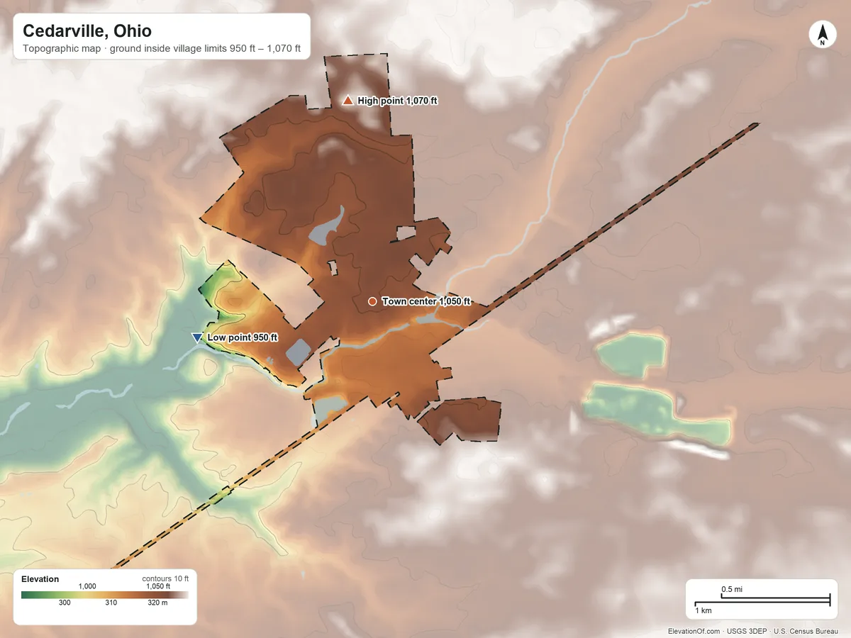 Topographic elevation map of Cedarville, Ohio, shaded from 950 ft on the west side to 1,070 ft on the north side