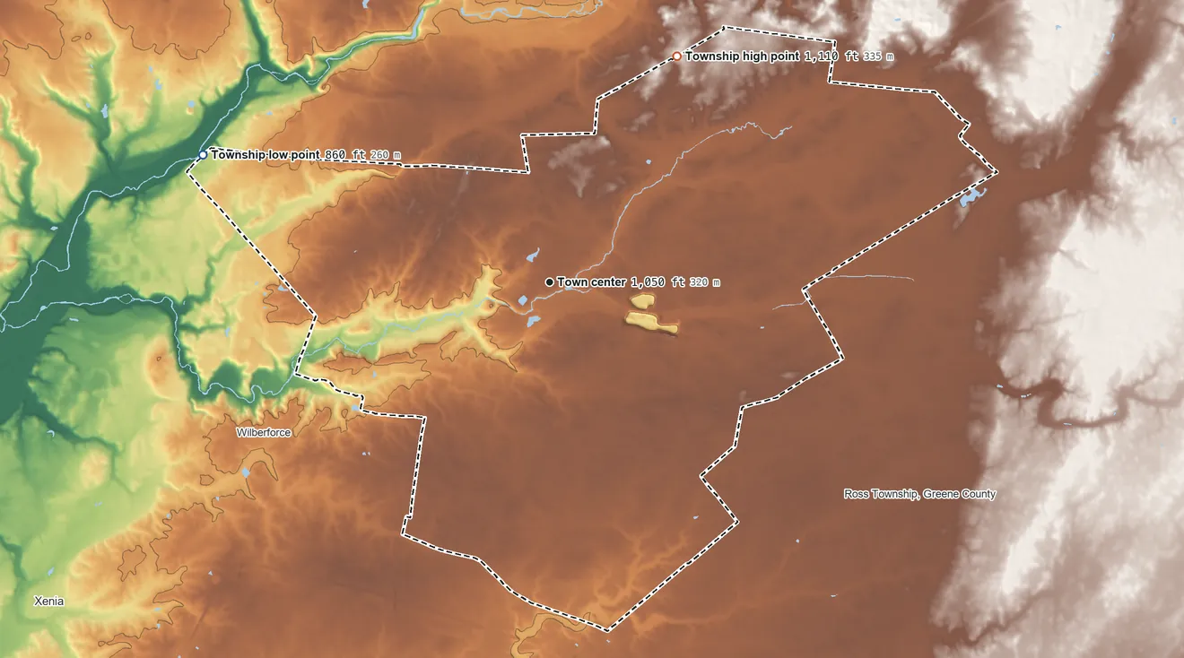 Topographic elevation map of Cedarville Township, Ohio, shaded from 860 ft on the west side to 1,110 ft on the northeast side