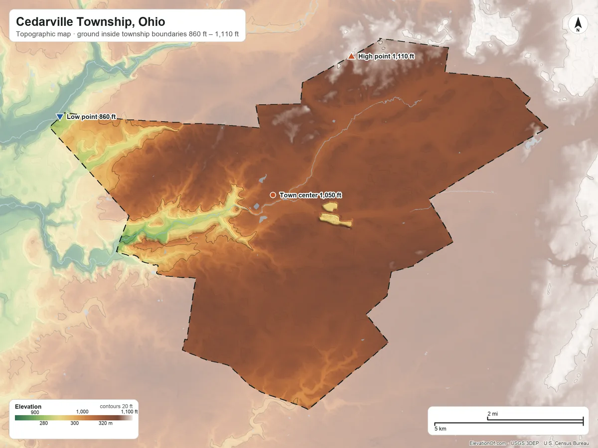Topographic elevation map of Cedarville Township, Ohio, shaded from 860 ft on the west side to 1,110 ft on the northeast side