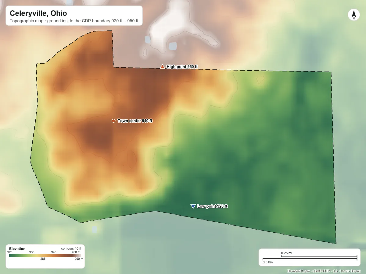 Topographic elevation map of Celeryville, Ohio, shaded from 920 ft on the southeast side to 950 ft on the northeast side