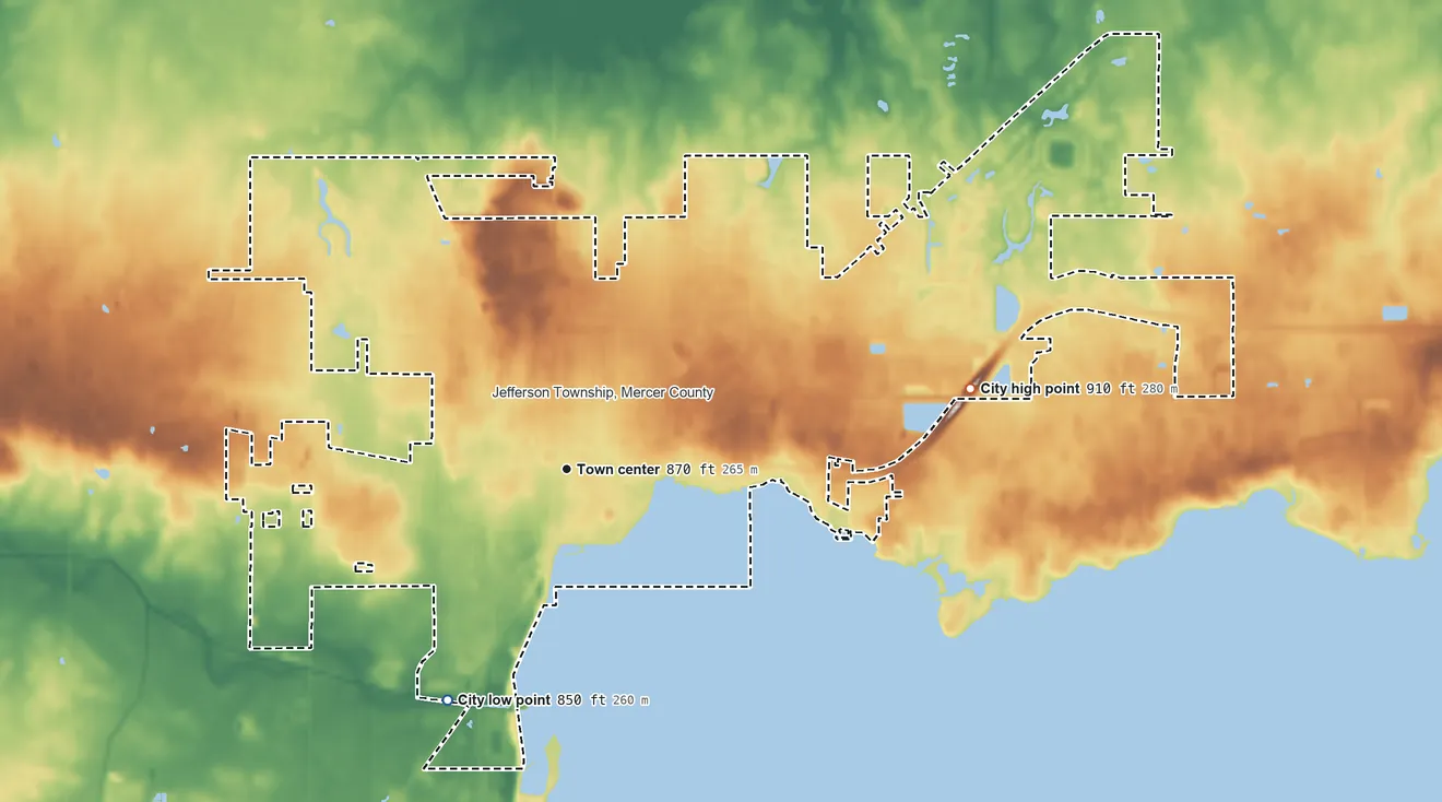 Topographic elevation map of Celina, Ohio, shaded from 850 ft on the southwest side to 910 ft on the east side