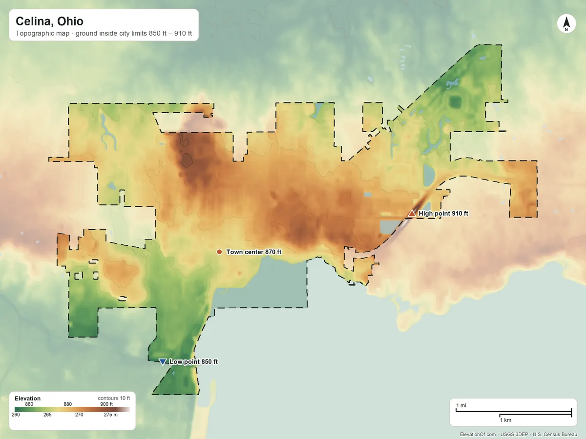 Topographic elevation map of Celina, Ohio, shaded from 850 ft on the southwest side to 910 ft on the east side