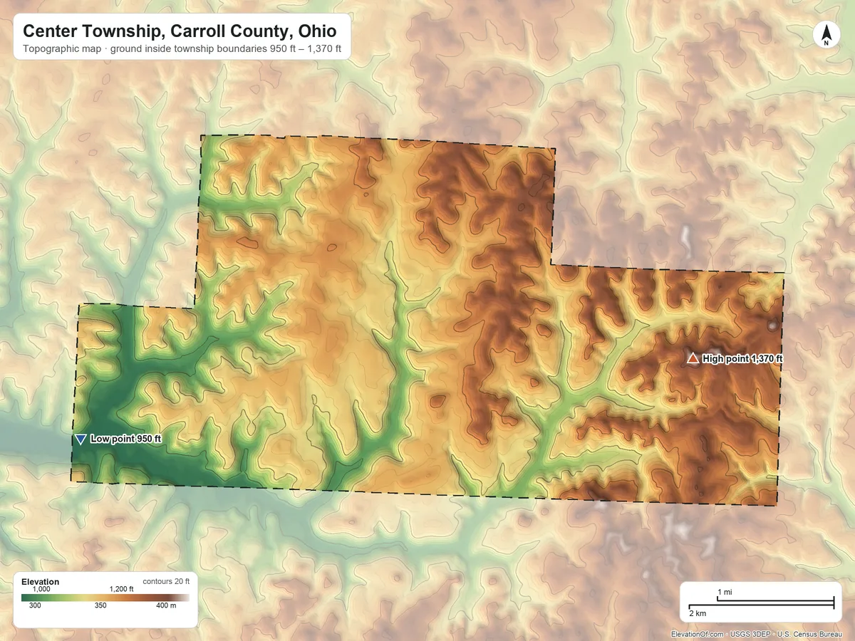 Topographic elevation map of Center Township, Carroll County, Ohio, shaded from 950 ft on the west side to 1,370 ft on the east side