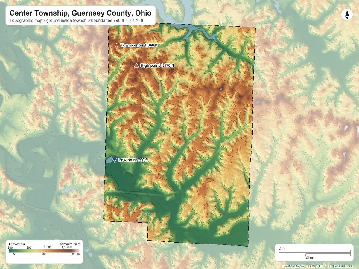 Topographic elevation map of Center Township, Guernsey County, Ohio, shaded from 790 ft on the south side to 1,170 ft on the southeast side