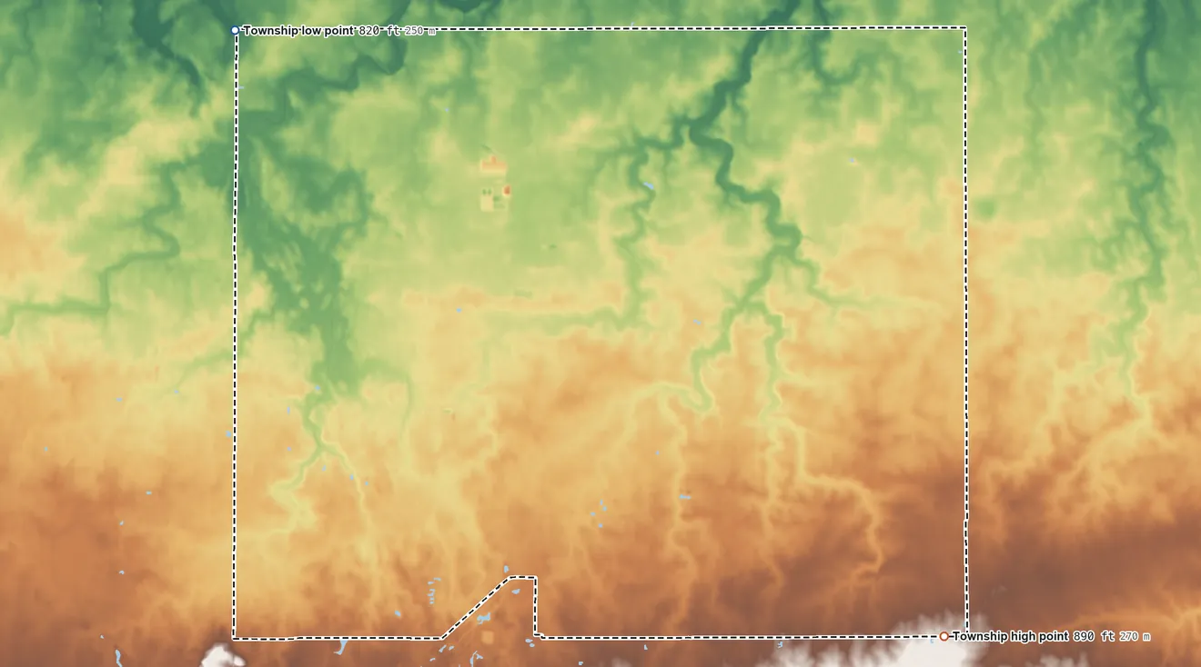 Topographic elevation map of Center Township, Mercer County, Ohio, shaded from 820 ft on the northwest side to 890 ft on the southeast side