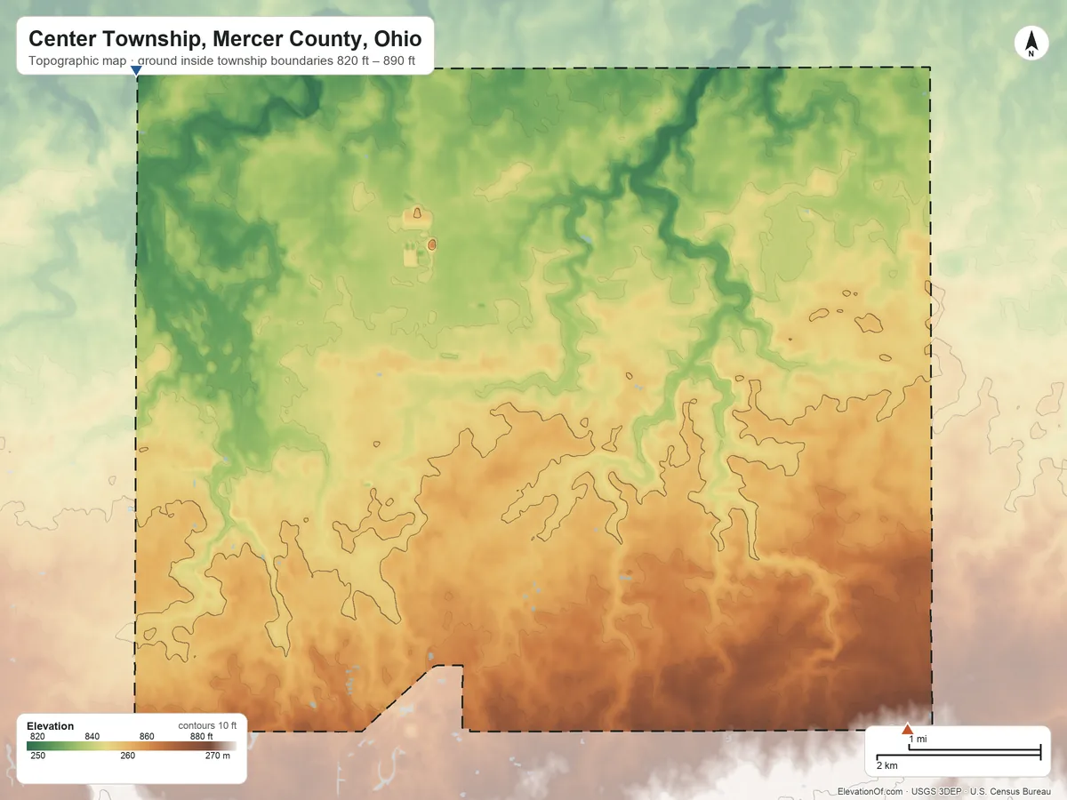 Topographic elevation map of Center Township, Mercer County, Ohio, shaded from 820 ft on the northwest side to 890 ft on the southeast side