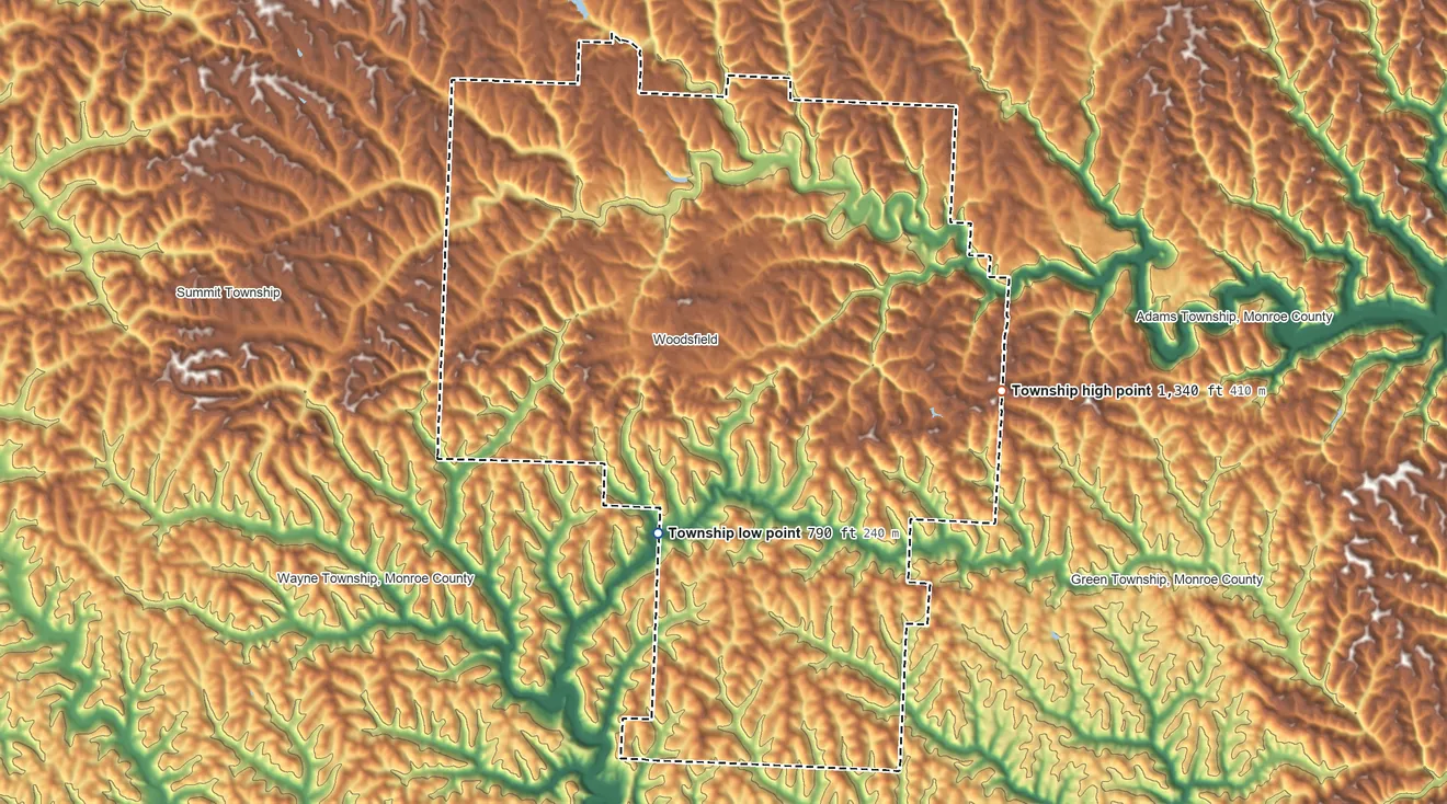 Topographic elevation map of Center Township, Monroe County, Ohio, shaded from 790 ft on the south side to 1,340 ft on the east side