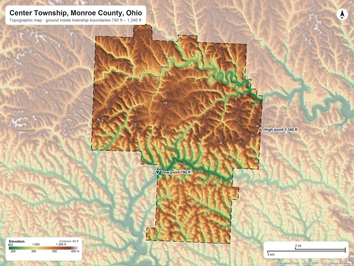 Topographic elevation map of Center Township, Monroe County, Ohio, shaded from 790 ft on the south side to 1,340 ft on the east side