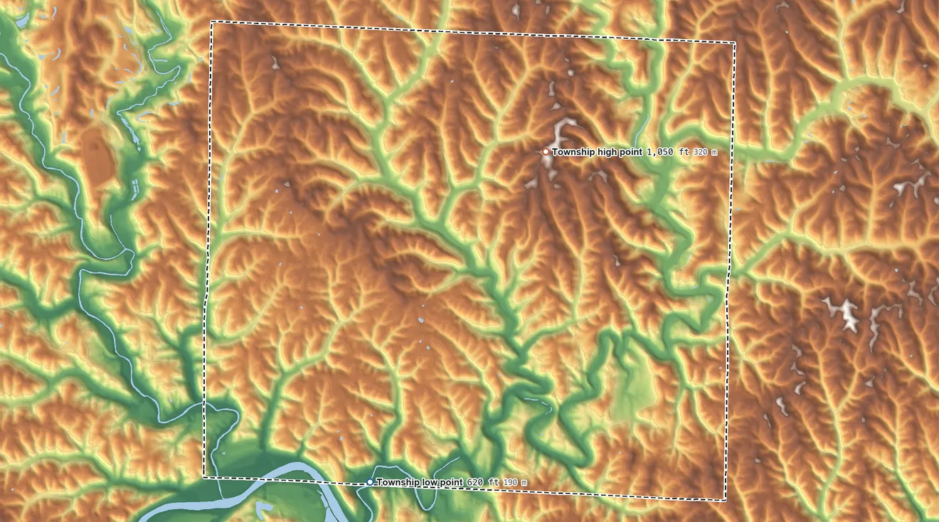 Topographic elevation map of Center Township, Morgan County, Ohio, shaded from 620 ft on the south side to 1,050 ft on the northeast side
