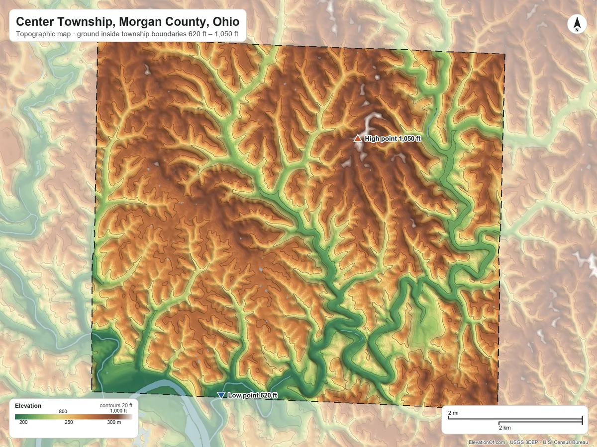 Topographic elevation map of Center Township, Morgan County, Ohio, shaded from 620 ft on the south side to 1,050 ft on the northeast side