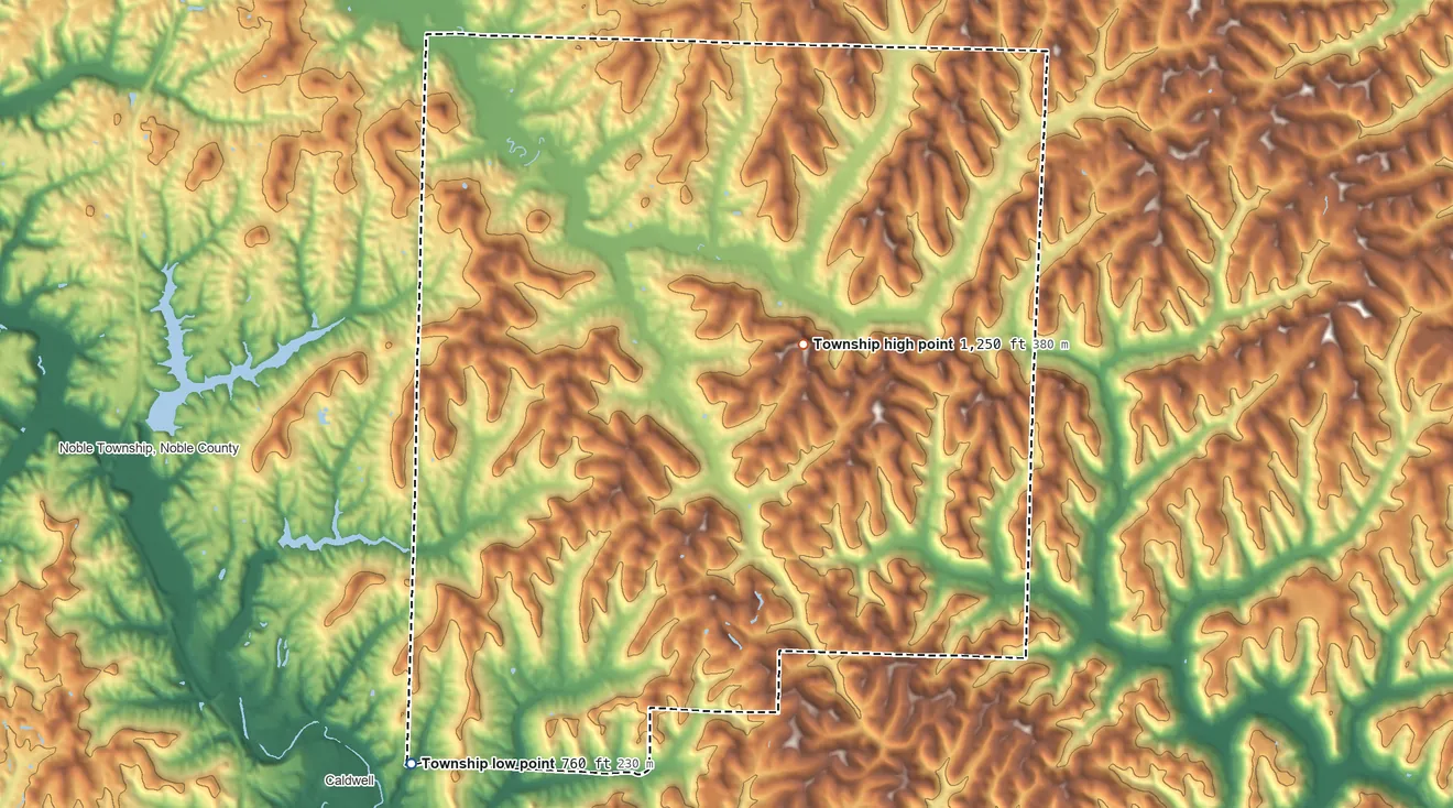 Topographic elevation map of Center Township, Noble County, Ohio, shaded from 760 ft on the southwest side to 1,250 ft on the east side