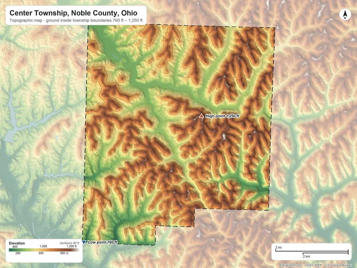 Topographic elevation map of Center Township, Noble County, Ohio, shaded from 760 ft on the southwest side to 1,250 ft on the east side