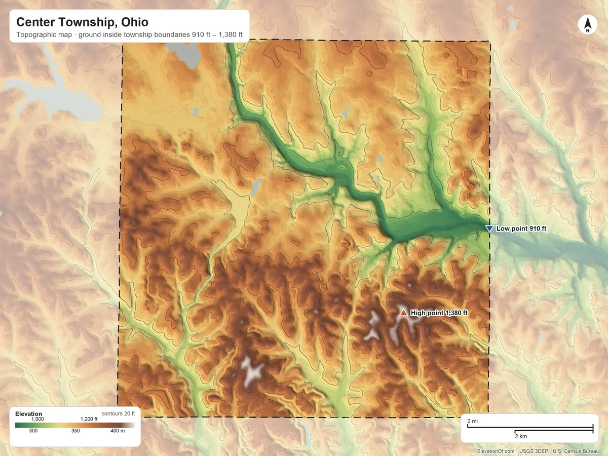 Topographic elevation map of Center Township, Ohio, shaded from 910 ft on the east side to 1,380 ft on the south side