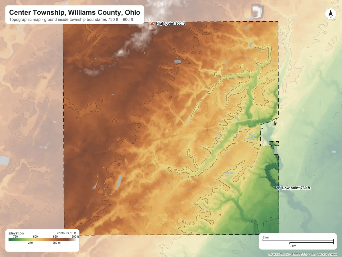 Topographic elevation map of Center Township, Williams County, Ohio, shaded from 730 ft on the southeast side to 900 ft on the north side