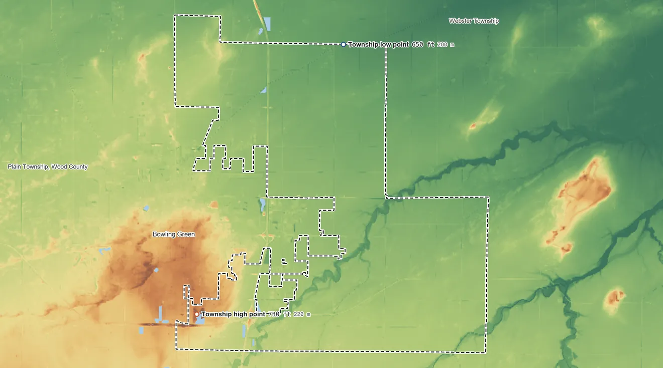 Topographic elevation map of Center Township, Wood County, Ohio, shaded from 650 ft on the north side to 730 ft on the southwest side
