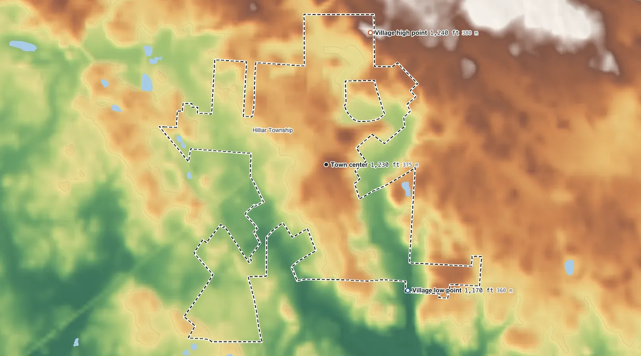 Topographic elevation map of Centerburg, Ohio, shaded from 1,170 ft on the southeast side to 1,240 ft on the north side