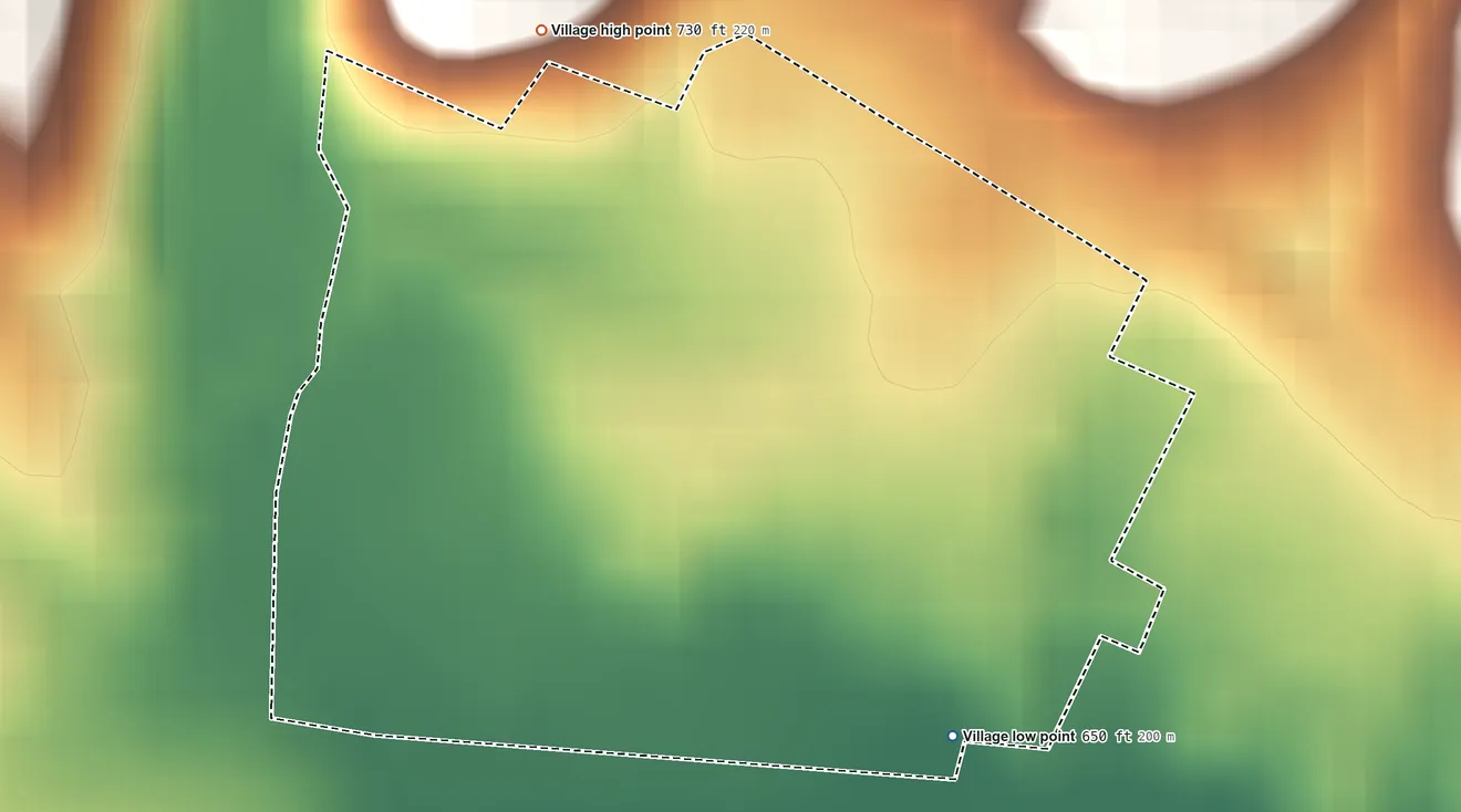 Topographic elevation map of Centerville (Thurman), Ohio, shaded from 650 ft on the southeast side to 730 ft on the northwest side