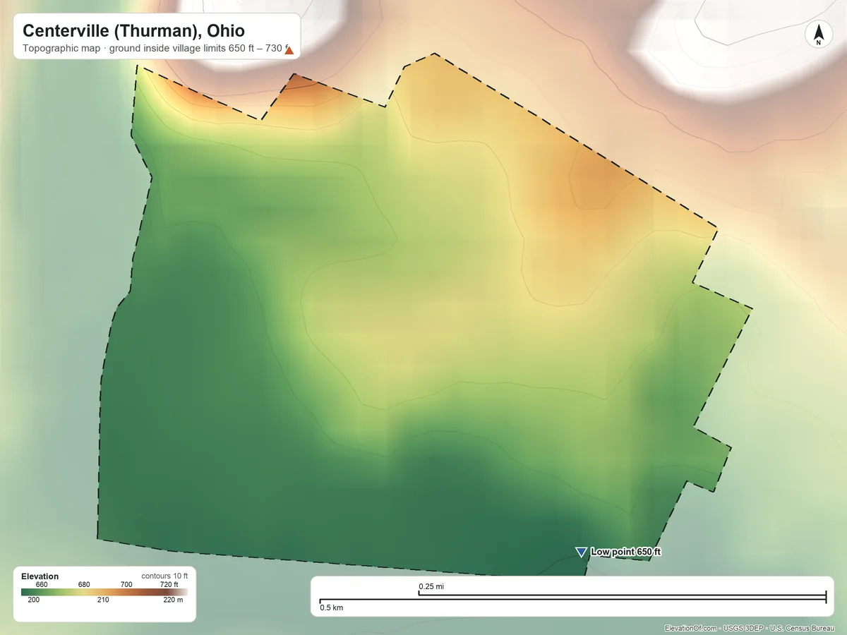 Topographic elevation map of Centerville (Thurman), Ohio, shaded from 650 ft on the southeast side to 730 ft on the northwest side