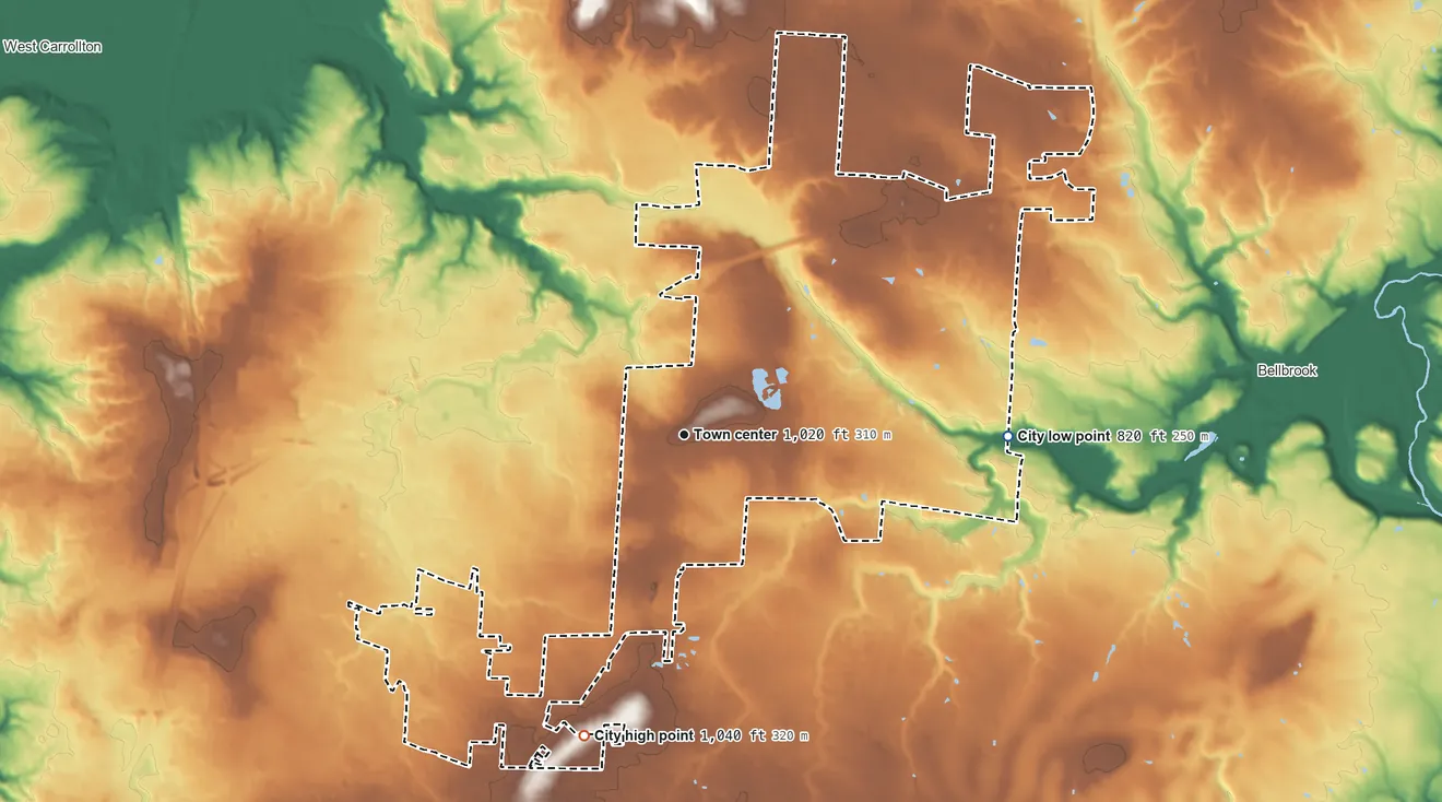 Topographic elevation map of Centerville, Ohio, shaded from 820 ft on the east side to 1,040 ft on the south side