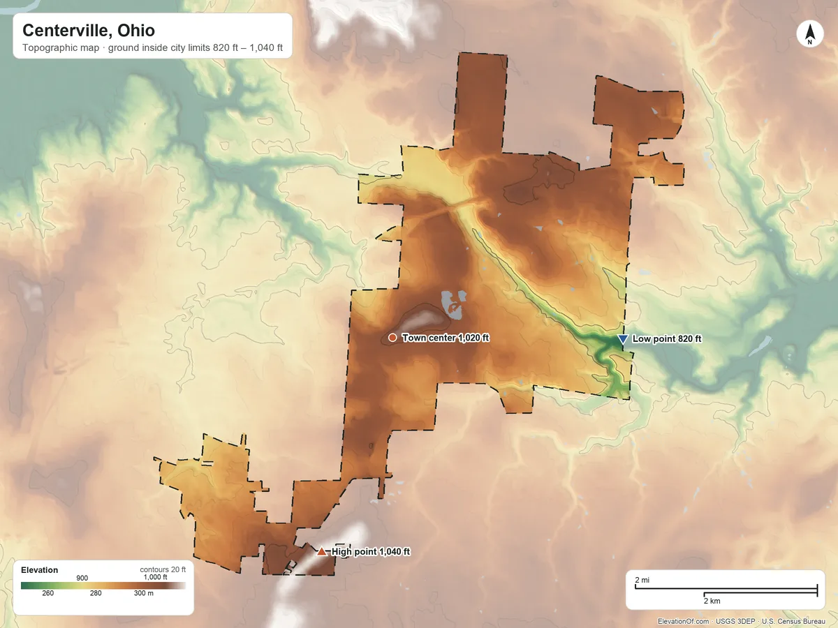Topographic elevation map of Centerville, Ohio, shaded from 820 ft on the east side to 1,040 ft on the south side