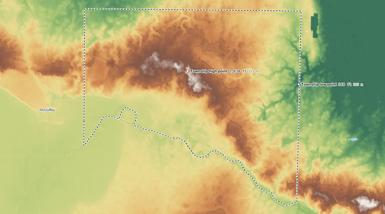 Topographic elevation map of Cessna Township, Ohio, shaded from 940 ft on the east side to 1,030 ft on the northwest side
