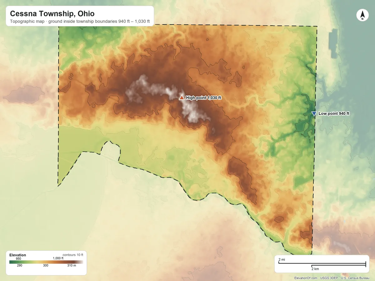 Topographic elevation map of Cessna Township, Ohio, shaded from 940 ft on the east side to 1,030 ft on the northwest side