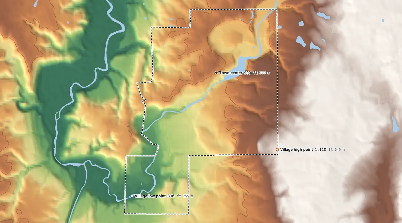 Topographic elevation map of Chagrin Falls, Ohio, shaded from 830 ft on the southwest side to 1,110 ft on the southeast side