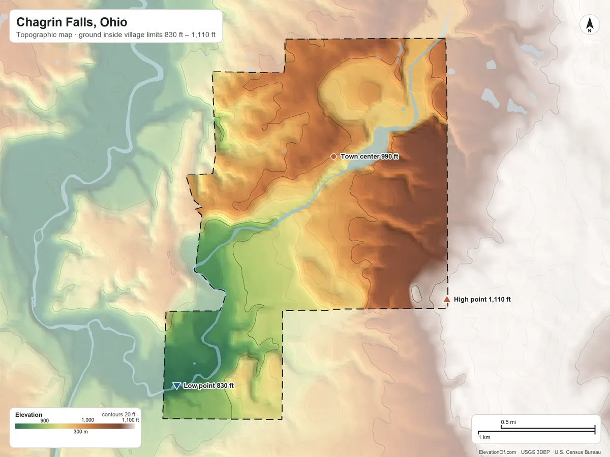 Topographic elevation map of Chagrin Falls, Ohio, shaded from 830 ft on the southwest side to 1,110 ft on the southeast side