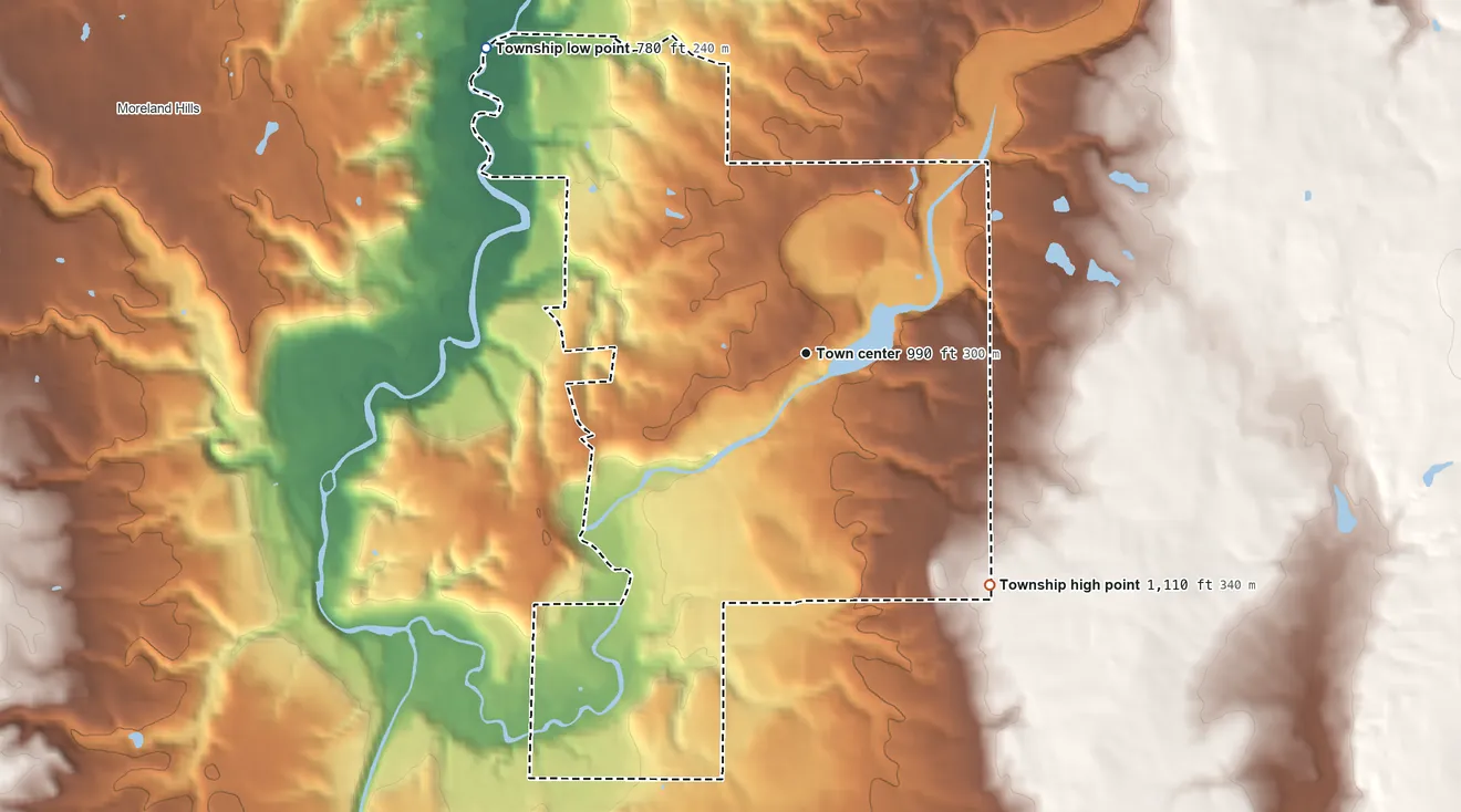 Topographic elevation map of Chagrin Falls Township, Ohio, shaded from 780 ft on the northwest side to 1,110 ft on the southeast side