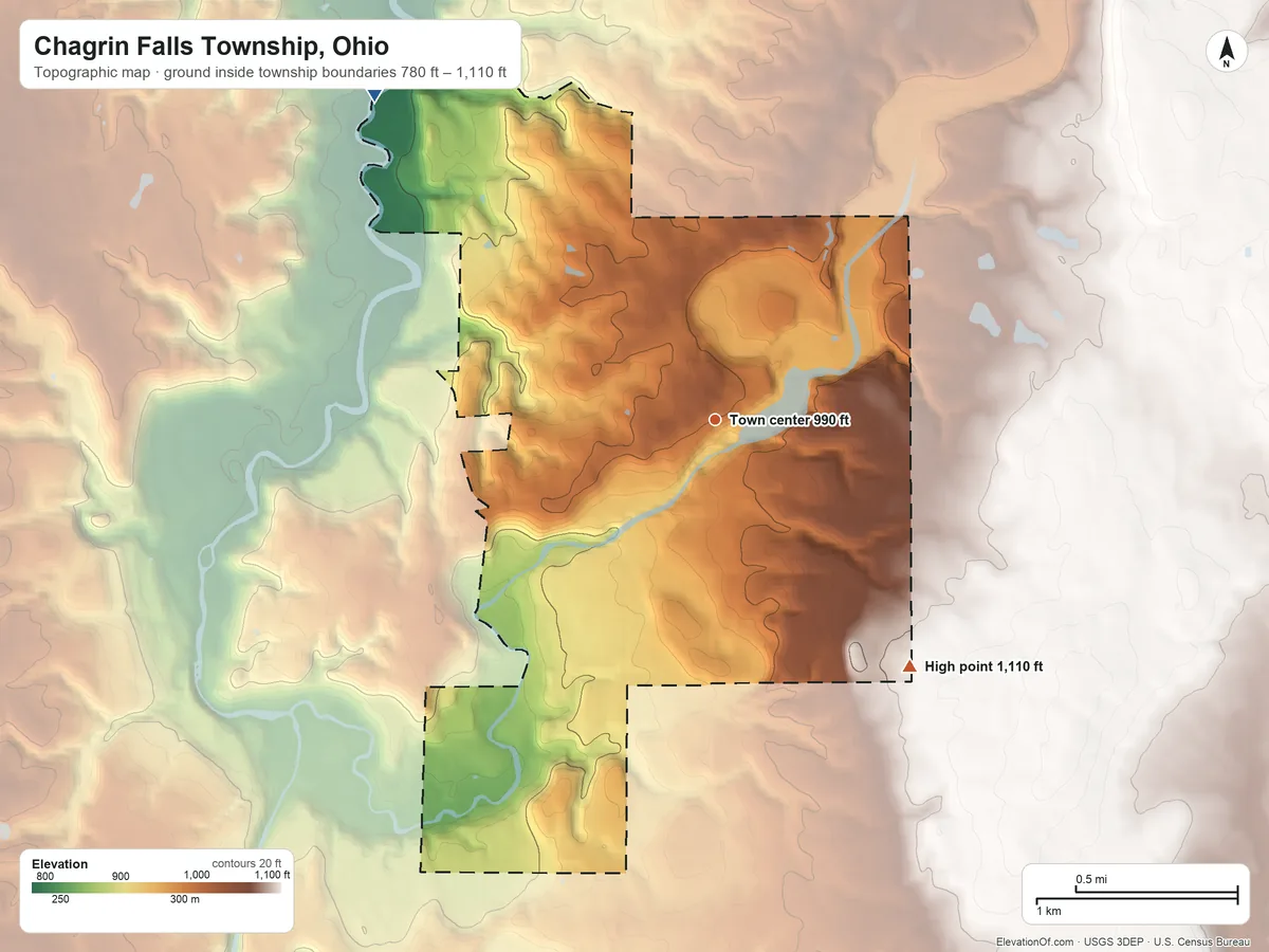 Topographic elevation map of Chagrin Falls Township, Ohio, shaded from 780 ft on the northwest side to 1,110 ft on the southeast side