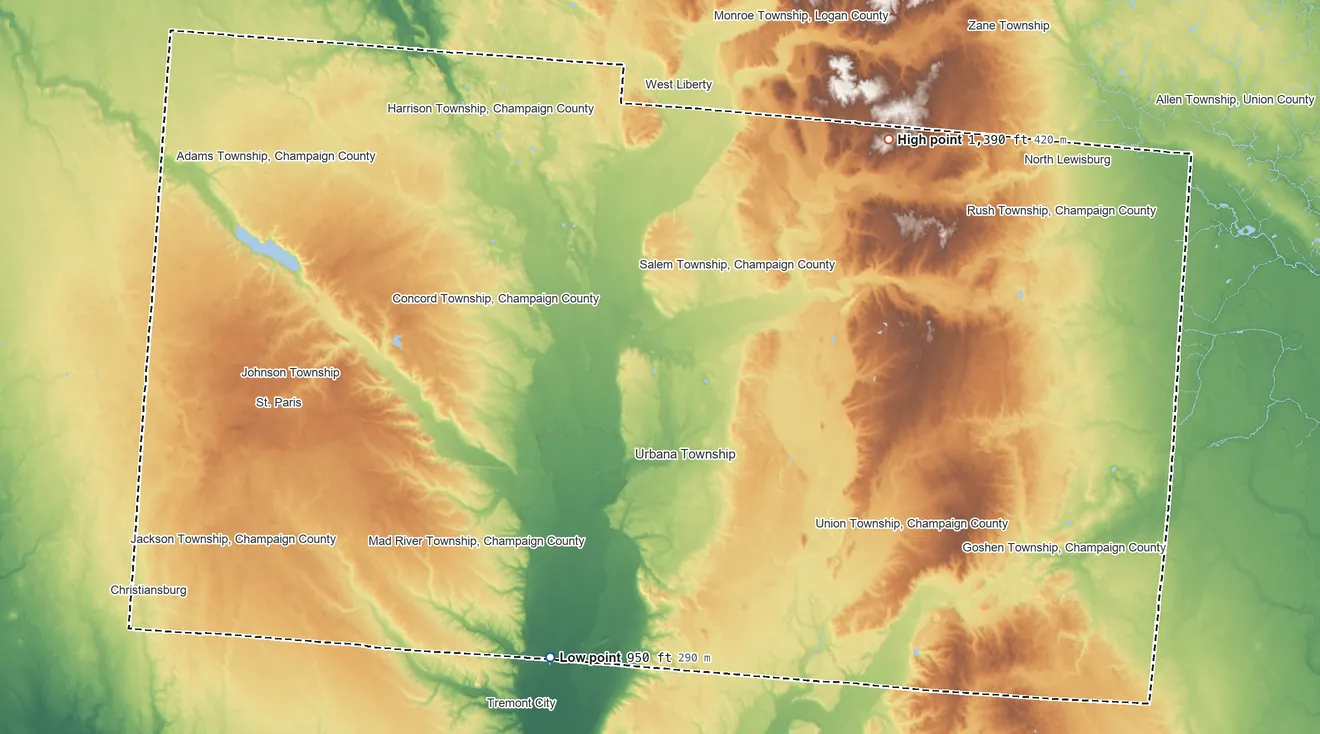 Topographic elevation map of Champaign County, Ohio, shaded from 950 ft on the south side to 1,390 ft on the northeast side