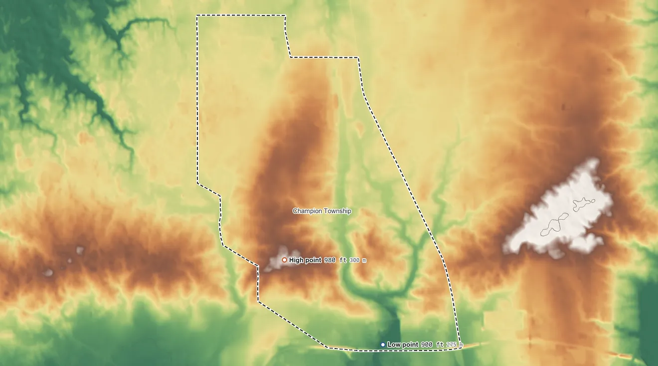 Topographic elevation map of Champion Heights, Ohio, shaded from 900 ft on the southeast side to 980 ft on the southwest side