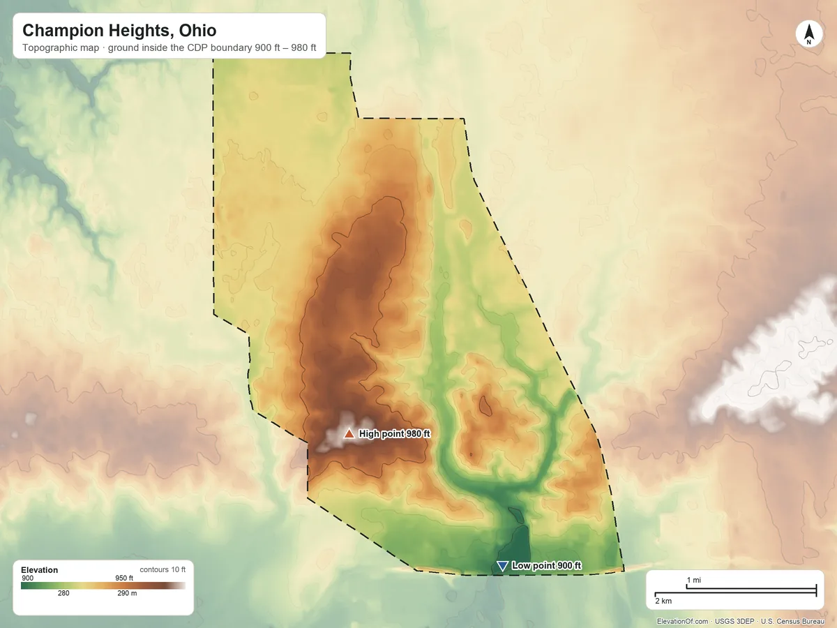 Topographic elevation map of Champion Heights, Ohio, shaded from 900 ft on the southeast side to 980 ft on the southwest side