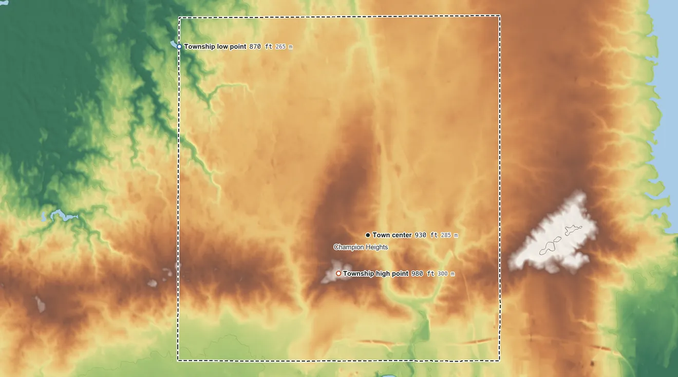 Topographic elevation map of Champion Township, Ohio, shaded from 870 ft on the northwest side to 980 ft on the southwest side
