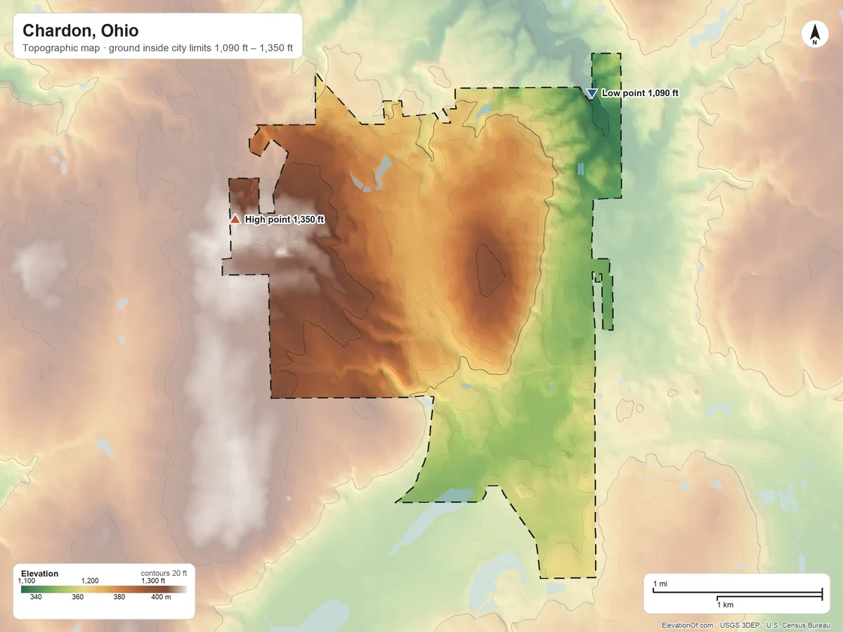 Topographic elevation map of Chardon, Ohio, shaded from 1,090 ft on the northeast side to 1,350 ft on the west side