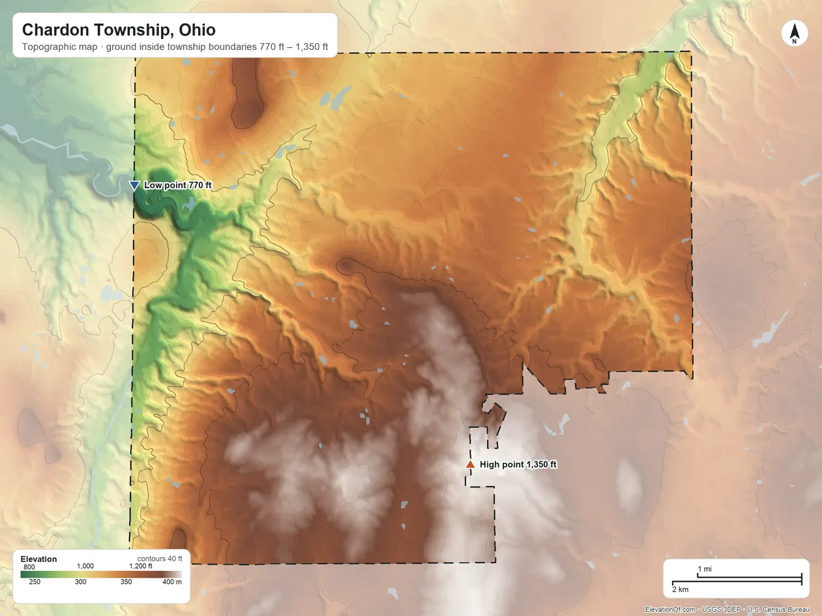 Topographic elevation map of Chardon Township, Ohio, shaded from 770 ft on the northwest side to 1,350 ft on the south side